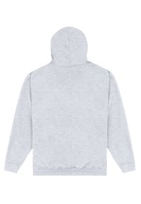 Šedá mikina s kapucí vyrobená z měkké tkaniny. Má dlouhé rukávy a pružný lem, s hladkým povrchem a bez viditelných log nebo vzorů.