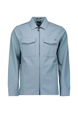 Lichtblauw jack met rits, een kraag, twee zakken aan de voorkant en lange mouwen. Gemaakt van gladde stof met minimale stikdetails.