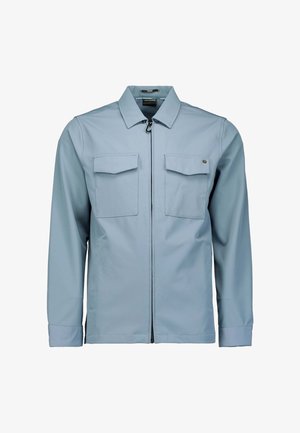 Light blue zip-up jacket with a collar, two front pockets, and long sleeves. Made of smooth fabric with minimal stitch detailing.