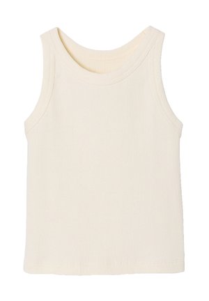 Cream-colored ribbed sleeveless tank top with a round neckline, displayed on a white background.