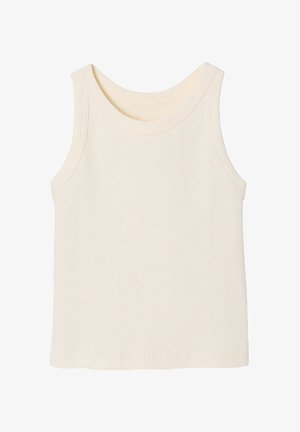 Cream-colored ribbed sleeveless tank top with a round neckline, displayed on a white background.