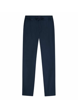 Marineblauwe casual broek met elastische tailleband en trekkoord, rechte pijpen en zijzakken.