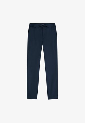 Marineblauwe casual broek met elastische tailleband en trekkoord, rechte pijpen en zijzakken.
