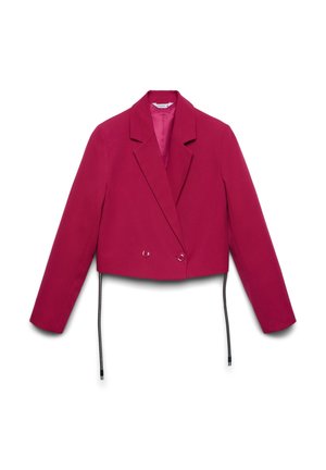Blazer rosa cropped con chiusura a doppio bottone, rever a intaglio e dettagli con coulisse in vita. Tessuto liscio con finitura opaca.