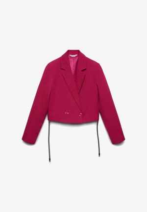 Blazer rosa cropped con chiusura a doppio bottone, rever a intaglio e dettagli con coulisse in vita. Tessuto liscio con finitura opaca.