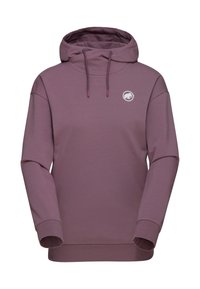 Lila hooded sweatshirt i mjukt tyg, med dragsko, förlängda ärmar och en cirkulär logotyp på bröstet.