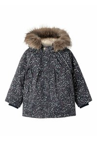 Dunkelbl jacket mit Blumenmuster und Kunstpelzkapuze, ausgestattet mit Reißverschlüssen, elastischen Bündchen und einem gerafften Taillenbereich für eine lockere Passform.