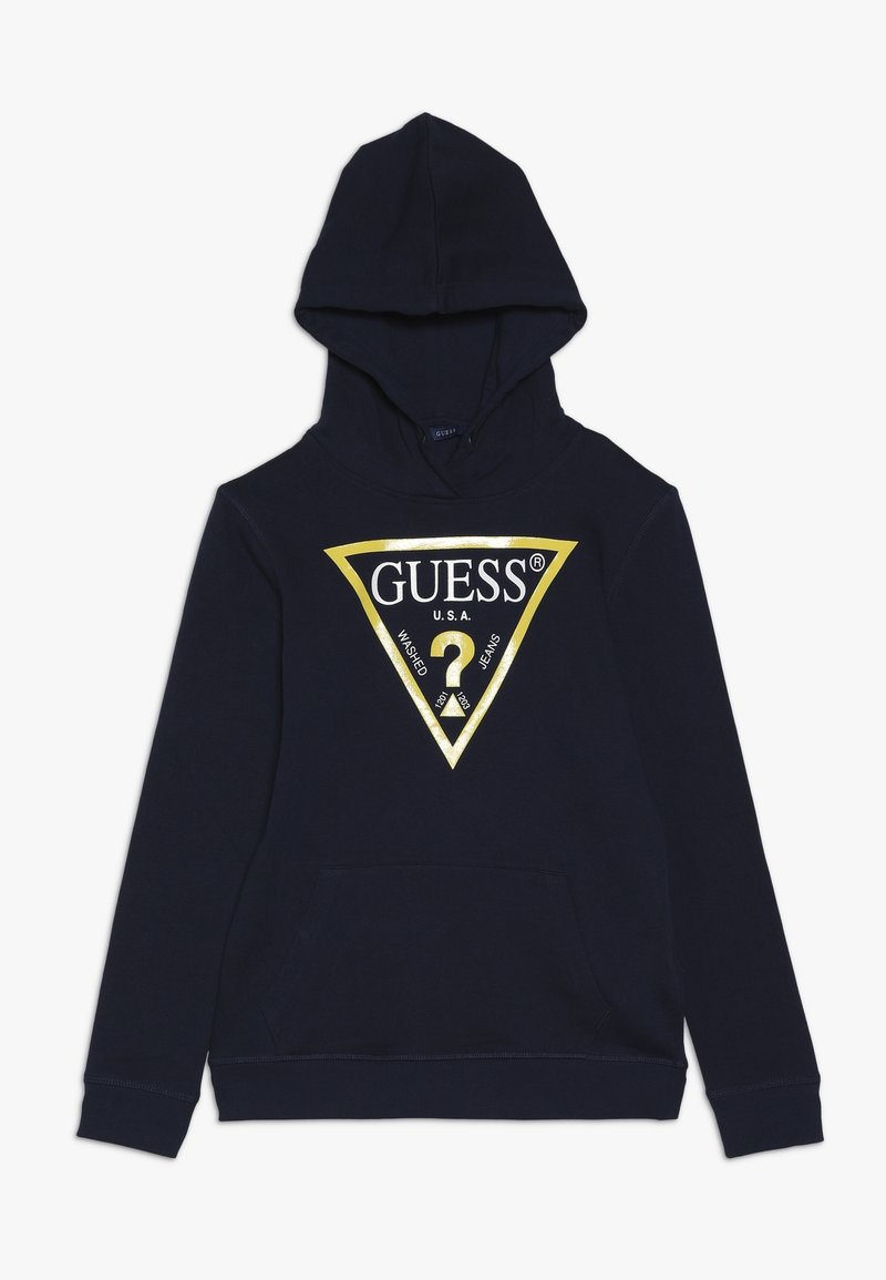 Sudadera con capucha de color azul marino hecha de material suave. Cuenta con un gran logotipo triangular en oro y negro con un signo de interrogación y un bolsillo frontal.
