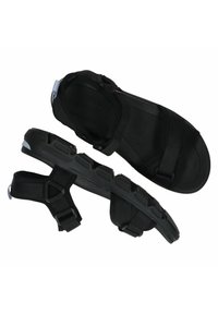 Sandales noires ouvertes à l'avant avec des brides réglables, une semelle intérieure texturée et une semelle en caoutchouc robuste. Présente un design hybride pour le confort et le soutien.