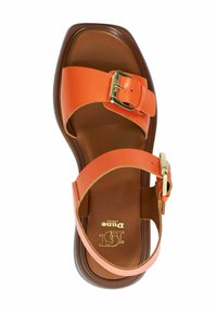 Brown sole sandal with two adjustable wide orange straps featuring gold buckles, open toe and heel, viewed from above.