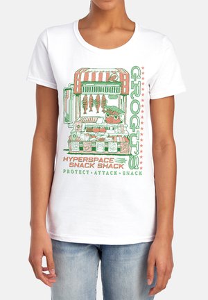 White t-shirt showing a colorful cartoon snack stand with fish, snacks, and text "GROGU'S Hyperspace Snack Shack Protect Attack Snack."