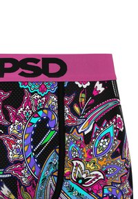 Többszínű PSD boxeralsó, rózsaszín derékgummival. Az alap szín fekete, élénk színekben díszített virágos és geometriai mintákkal.