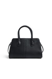 Melnas ādas rokassoma ar strukturētu formu, divām augšējām rokturiem un gludu tekstūru. Iezīmē centrālo šuvi un minimālistisku dizainu.