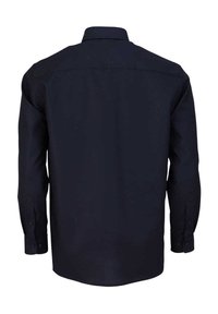 Marineblaues Langarmhemd aus glattem Stoff, mit klassischem Kragen und knöpfbaren Manschetten, sowie einem schlichten Rückendesign.