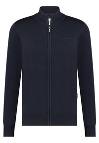 Marine blauwe ritscardigan van zacht stof, met een hoge kraag, geribbelde manchetten en tailleband, en een subtiele logo-detail op de borst.