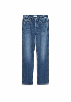 Jean en denim bleu avec une coupe droite, cinq poches, délavage subtil et une braguette à boutons classique. Tissu léger et durable avec des détails de couture.