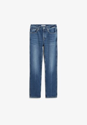 Jean en denim bleu avec une coupe droite, cinq poches, délavage subtil et une braguette à boutons classique. Tissu léger et durable avec des détails de couture.