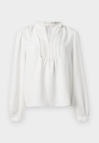 Biała bluzka z długim rękawem, z falbaniastym kołnierzykiem, plisowanymi detalami z przodu oraz elastycznymi mankietami. Wykonana z lekkiej, teksturowanej tkaniny.