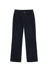 Tmavě námořnické manšestrové kalhoty se straight leg střihem. Obsahují dvě přední kapsy a zapínání na knoflík v pase. Měkká textura.