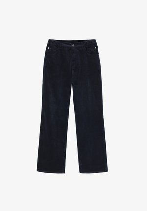 Dark navy corduroy pants with a straight leg design. Features two front pockets and a button closure at the waist. Soft texture.
