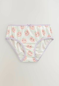 Slip di cotone con uno sfondo verde pastello, adornati con disegni di zucche rosa. Rifiniti in viola chiaro con un piccolo fiocco sulla parte anteriore.