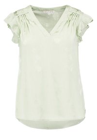 Blusa verde chiaro con scollo a V, maniche corte con volant e retro leggermente più lungo. Tessuto morbido con una sottile trama e motivo floreale.