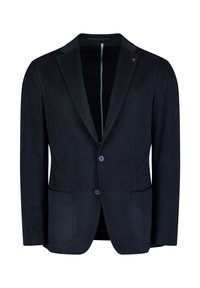 Blazer in corduroy blu navy con texture a coste, a singolo petto, chiusura a due bottoni e due tasche frontali. Accentuato con un sottile dettaglio di marchio.