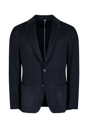 Marineblaue Cord-Blazer mit gerippter Textur, einreihig, mit zwei Knöpfen und zwei vorderen Taschen. Akzentuiert mit dezenten Branding-Details.