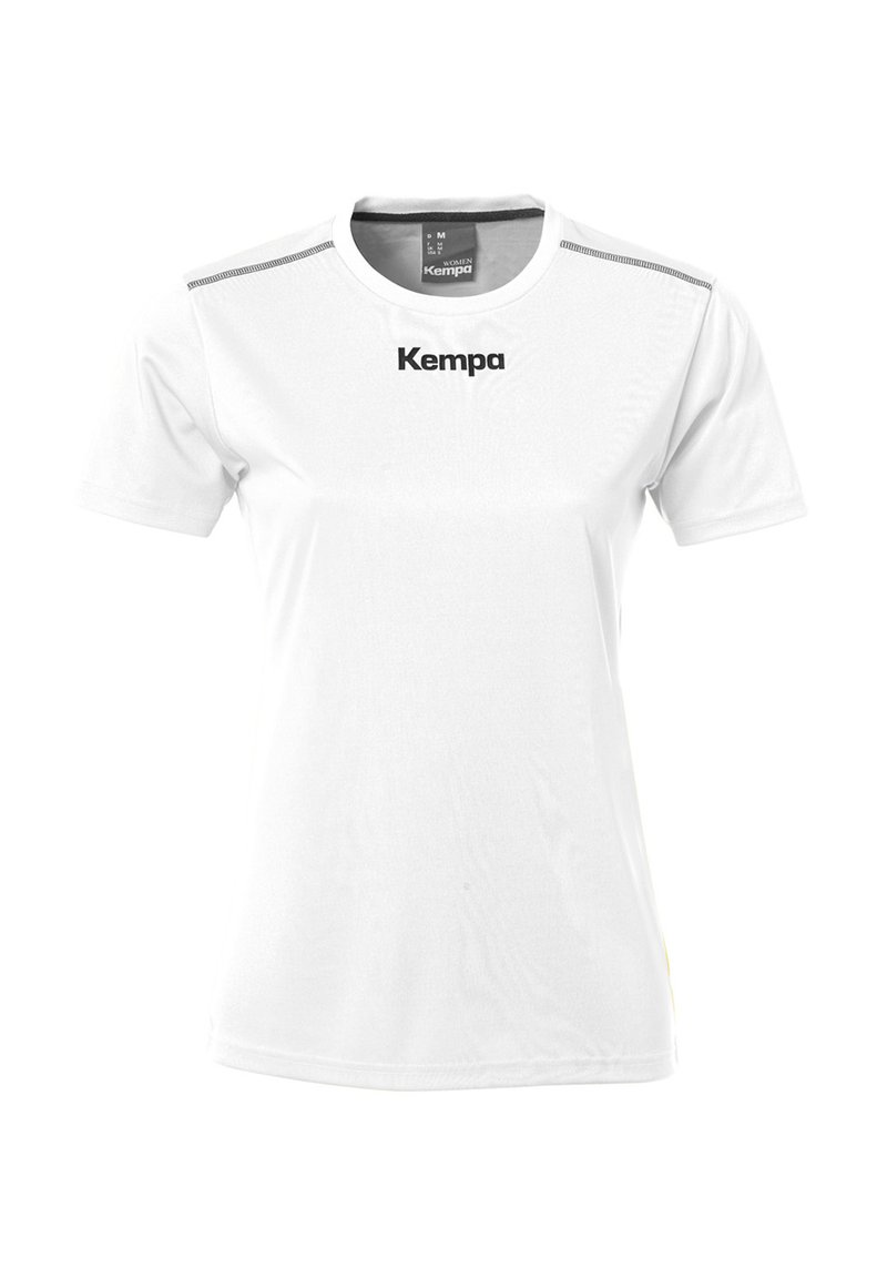 Maglietta sportiva bianca a maniche corte realizzata in tessuto leggero. Presenta un logo "Kempa" nero sul petto e sottili accenti grigi sulle spalle.