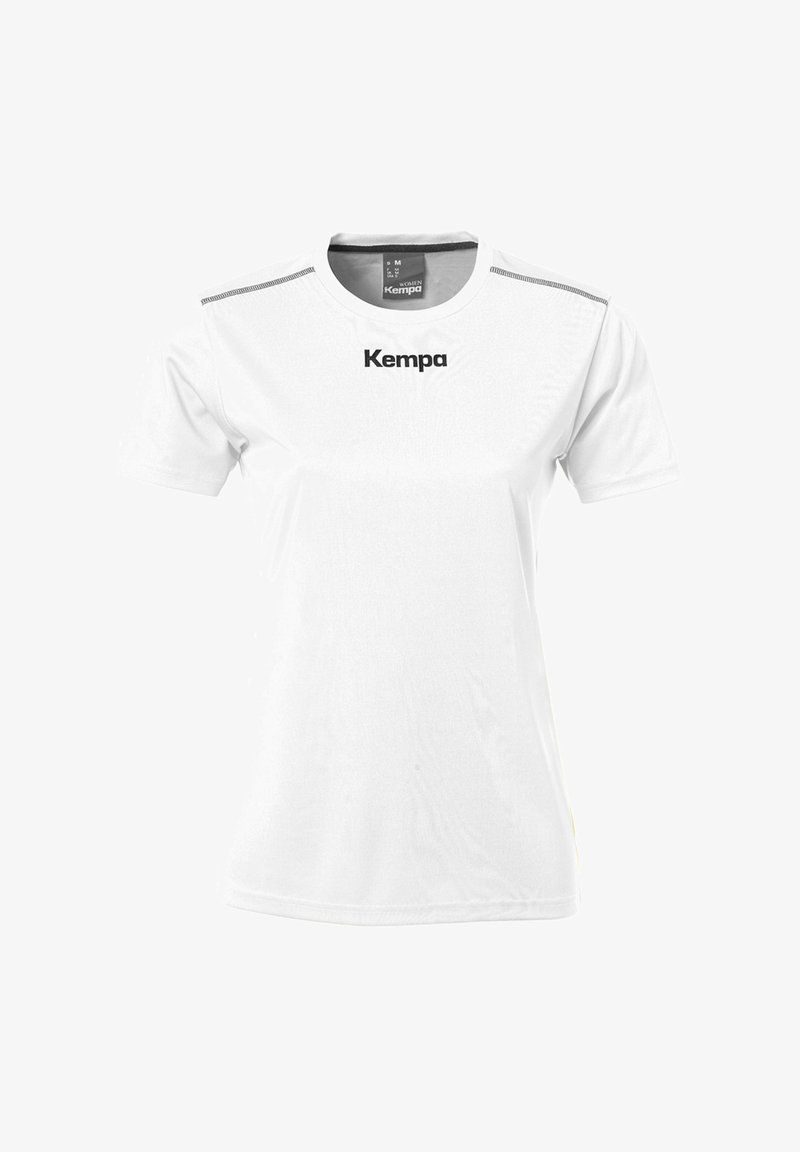 Maglietta sportiva bianca a maniche corte realizzata in tessuto leggero. Presenta un logo "Kempa" nero sul petto e sottili accenti grigi sulle spalle.
