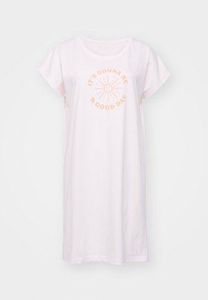 Pink cotton nightdress with short sleeves, featuring a front print of a smiling sun and the text "IT'S GONNA BE A GOOD DAY" in orange.