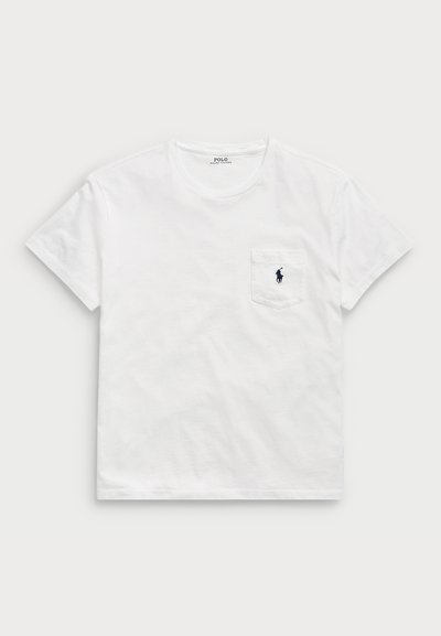 White cotton t-shirt with a round neckline, short sleeves, and left chest pocket featuring a small navy logo design.