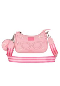Sac à main synthétique rose avec une forme courbée, présentant des autocollants en relief et une bandoulière rayée détachable. Comprend une petite pochette ronde pour les pièces.