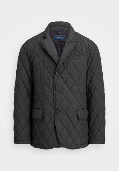 Dunkelgrauer gesteppter Blazer mit Reverskragen, drei Frontknöpfen, zwei Eingrifftaschen und einer Brusttasche, etikettiert mit Polo Ralph Lauren.