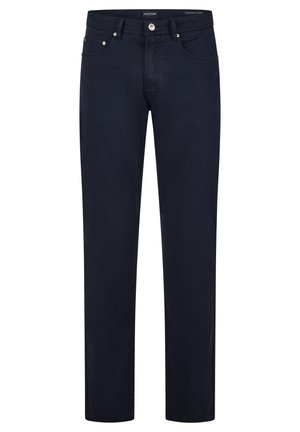 Navy blue cotton trousers with a straight cut, front pockets, and a button-fly closure. Features subtle stitching and metal hardware accents.