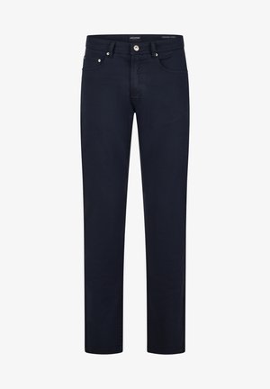 Marineblaue Baumwollhosen mit geradem Schnitt, Fronttaschen und Knopfschließung. Mit subtilen Nähten und Metallelementen gestaltet.