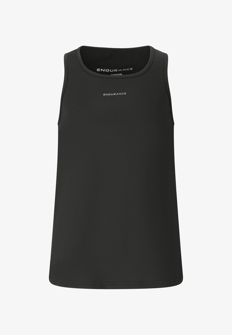 Débardeur de sport noir sans manches avec le logo "ENDURANCE" centré près de l'encolure et un logo plus petit à l'intérieur du col.