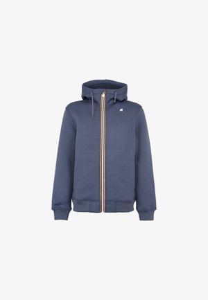 Felpa con zip di colore blu scuro, dotata di chiusura frontale a zip, cappuccio regolabile con cordino e un piccolo logo sul petto. Texture liscia e polsini a costine.
