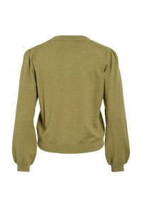 Olijfgroen pullover trui met lange pofmouwen, een ronde halslijn en een ribgebreide zoom. Zachte gebreide textuur met minimale detailing.