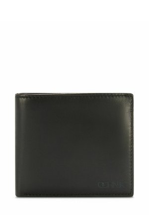 Czarna skórzana portmonetka o gładkiej fakturze, składanym designie i tłoczonym logo. Minimalistyczny styl bez widocznych metalowych elementów czy wzorów.