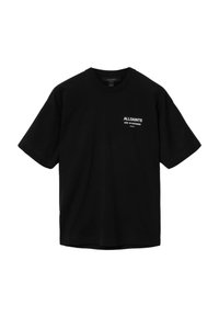 Μαύρο T-shirt με κοντά μανίκια, άσπρο κείμενο "ALLSAINTS" και μικρότερα γράμματα στην αριστερή περιοχή του στήθους.