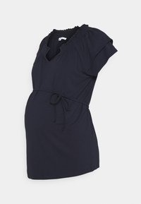 Dark navy maternity top with short ruffled sleeves, V-neck, and an adjustable tie at the waist. Made from soft, stretchy fabric.