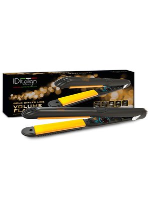 Piastra per capelli nera e gialla con comandi digitali, mostrata con il suo packaging nero e oro etichettato "Volume Flat" e "Gold Styler Line."