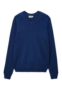 Pull en cachemire bleu à manches longues pour homme, avec col en V, poignets ribbed et ourlet, taille large.