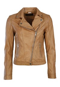 Tanfarbene Leder-Motorradjacke mit silbernen Reißverschlüssen, asymmetrischem Verschluss, slim fit und zwei vorderen Reißverschlusstaschen. Mit klassischem Kragen.