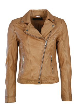 Tanfarbene Leder-Motorradjacke mit silbernen Reißverschlüssen, asymmetrischem Verschluss, slim fit und zwei vorderen Reißverschlusstaschen. Mit klassischem Kragen.