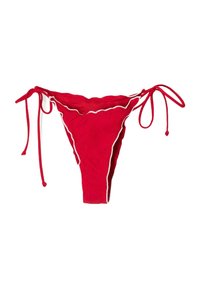Bas de bikini rouge avec un bord festonné, ourlet blanc et liens ajustables sur les côtés. Fabriqué en tissu doux, adapté pour les maillots de bain.