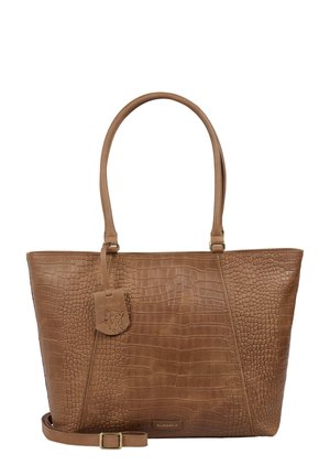 Tote en cuir embossé crocodile beige avec poignées doubles, une bandoulière amovible et une étiquette en cuir avec logo. Présente une forme structurée.