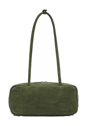 Borsa a tracolla verde in suede, di forma rettangolare, con una sola tracolla, chiusura con zip e dettaglio del logo impresso su un lato.