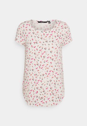Kurzärmlige Bluse aus leichtem, cremefarbenem Stoff mit floralem Muster in Rosa und Schwarz. Sie hat einen runden Ausschnitt und eine lockere Passform.